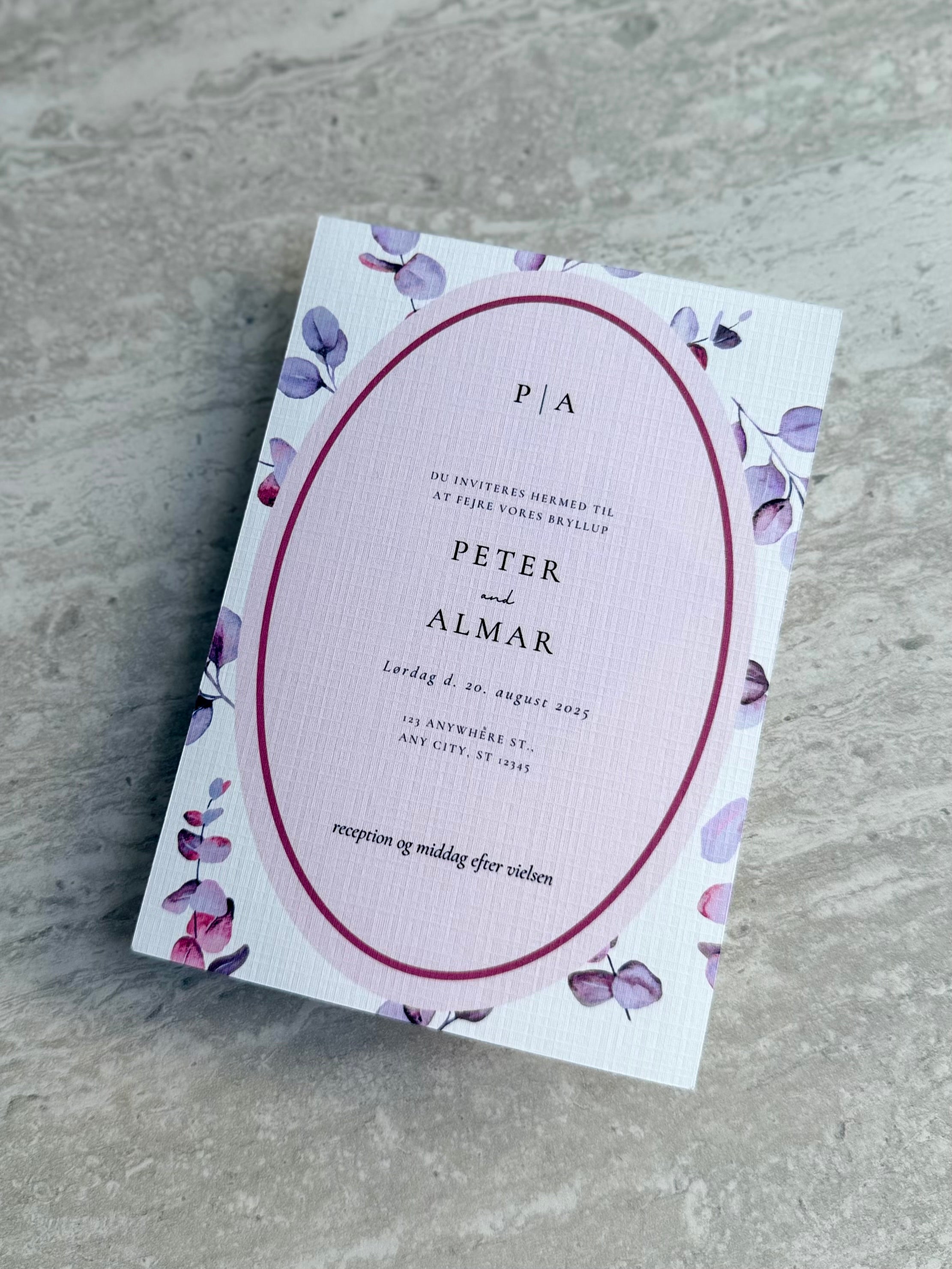 Bryllupsinvitation - Eucalyptus Frame Oval pink